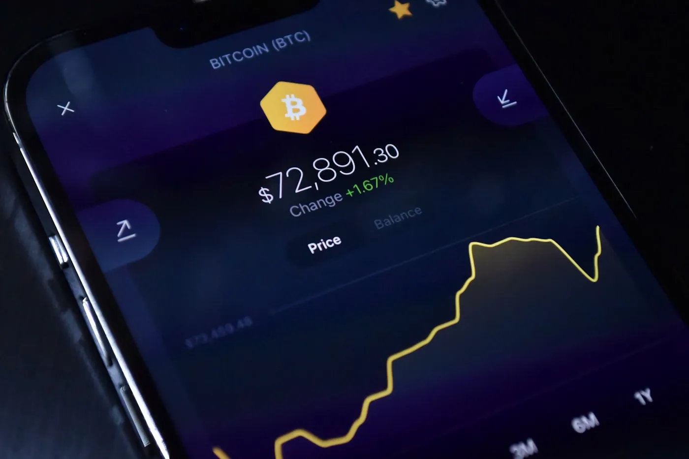 A phone displaying a crypto price screen on a desk