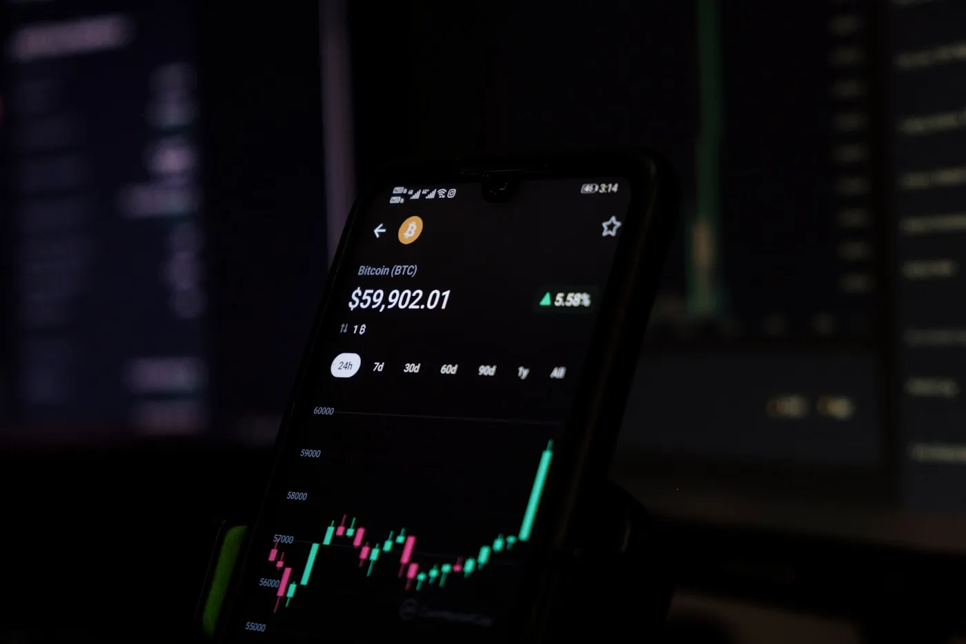 A phone displaying candlestick charts, a stock photo used for illustration rather than the Arcus app